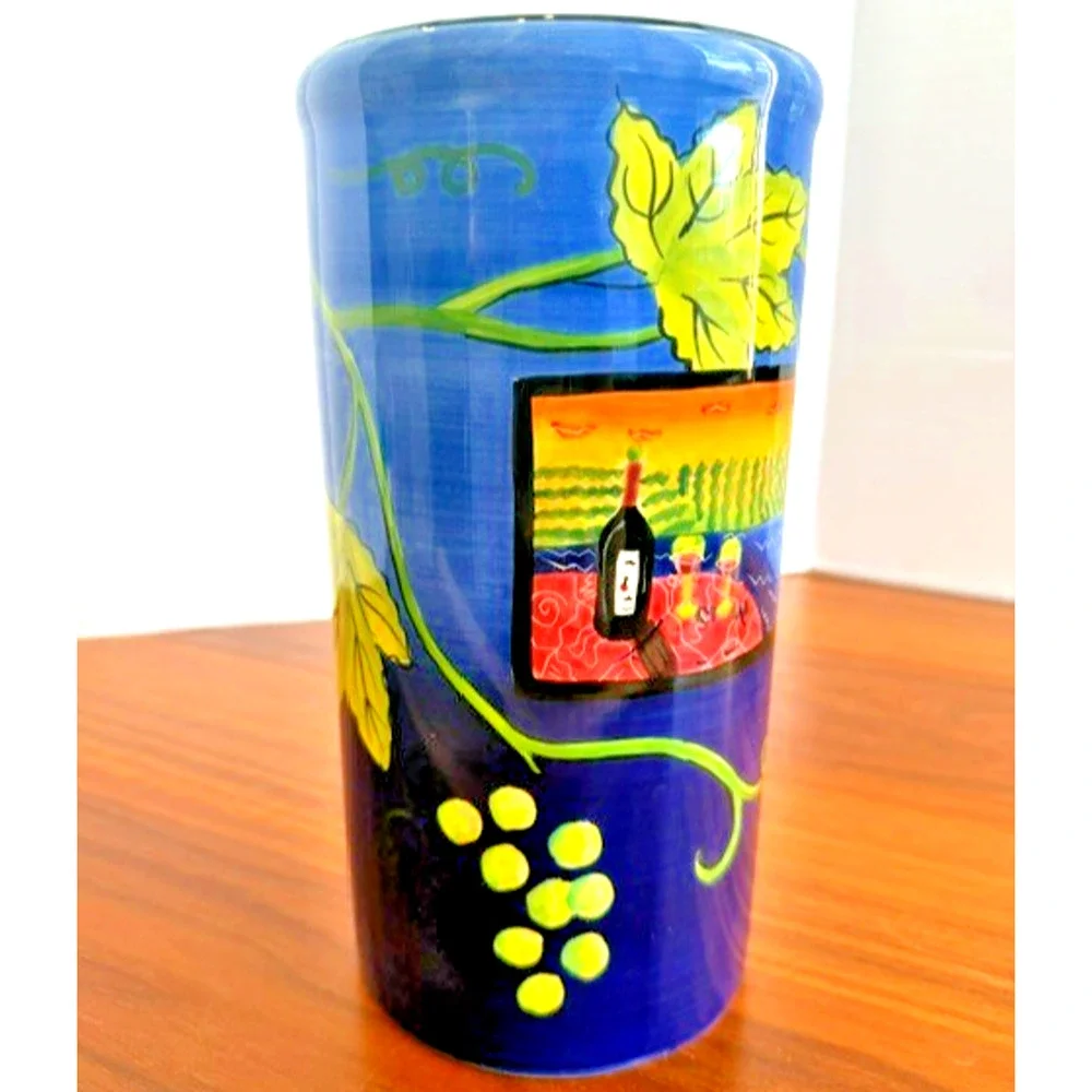 Naylor Designs hand painted Flowers Blue Vase or Red Wine Holder 9.5
